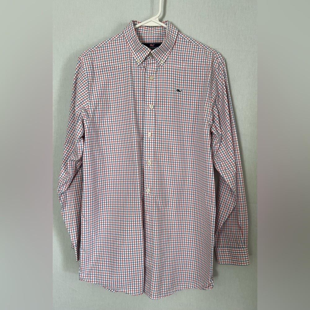 Boy's Vineyard Vines Whale Shirt Cotton Button Front Blue Pink Plaid Size XL 20